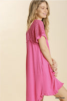 Hi Low Dress Pink wwith Crochet Sleeve