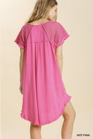 Hi Low Dress Pink wwith Crochet Sleeve