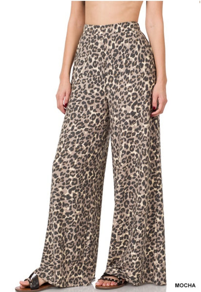 Leopard Print Wide Leg Pants- Mocha