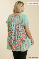 Linen Blend Top with Animal and Floral Print Back-Emerald