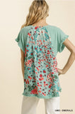 Linen Blend Top with Animal and Floral Print Back-Emerald